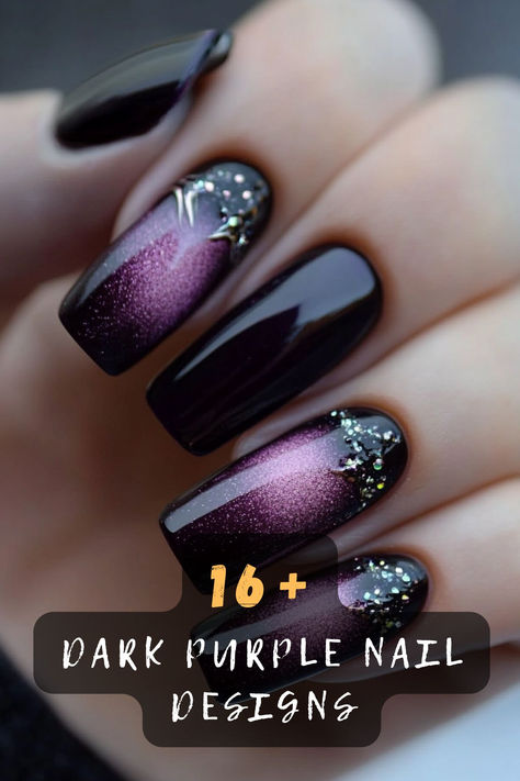 Dark purple nails are the ultimate statement of elegance! These 16 designs, featuring glossy finishes, subtle accents, and luxurious vibes, are perfect for any occasion. Click to explore them all! 💜💅✨ #DarkPurpleNails #ElegantNails #ChicManicure #PurpleHues #TrendyDesigns #NailInspo #SophisticatedNails Nail Art Purple And Black, January Nail Designs Purple, Royal Purple Nails Design, Elegant Dark Nails, Maleficent Nails Designs, Purple Gothic Nails, Dark Purple And Gold Nails, Purple Wedding Nails For Bride, Purple Stiletto Nails Design