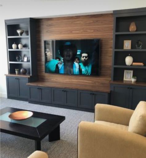 Basement Tv Mount Ideas, Basement Rec Room Tv Wall, Tv Wall Basement, Navy Tv Wall, Basement Media Wall, Basement Entertainment Wall, Black Built Ins, Basement Tv Wall Ideas, Basement Cinema