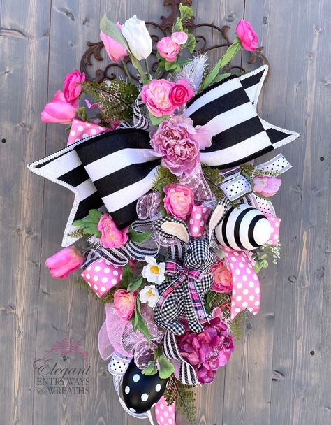 Easter Swags, Bright Pink Flowers, Rabbit Wreath, Elegant Entryway, Easter Spring Wreath, Buffalo Print, Bow Ideas, Easter Bows, Swag Wreath