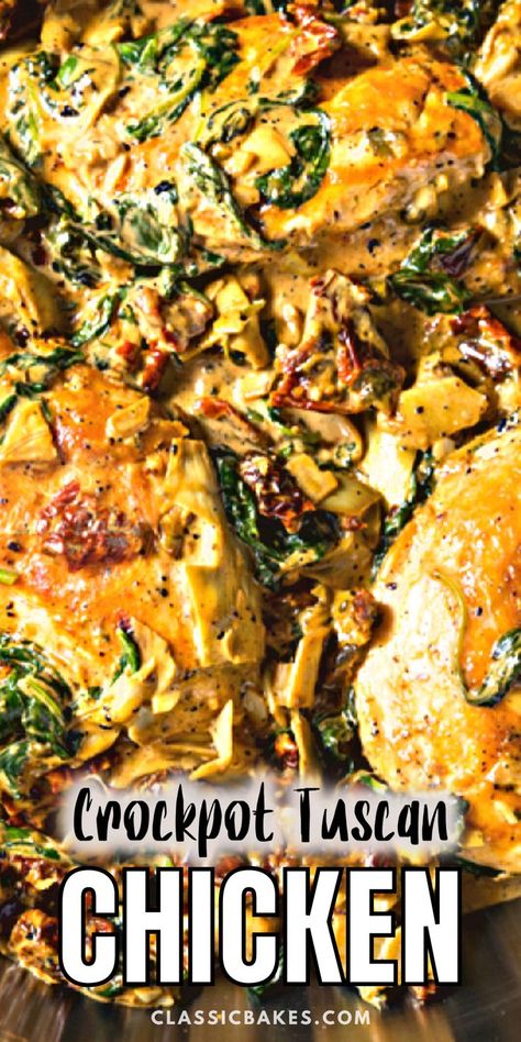 Try our Creamy Crockpot Tuscan Chicken recipe! It's a creamy and flavorful dish that practically cooks itself. Set it and forget it, and come home to a delicious meal your whole family will love. #CrockpotRecipes Tuscany Chicken Recipe, Tuscany Chicken, Crockpot Tuscan Chicken, Tuscan Sauce, Tuscan Chicken Recipe, Keto Noodles, Chicken Spinach, Easy Recipes For Beginners, Low Carb Chicken Recipes