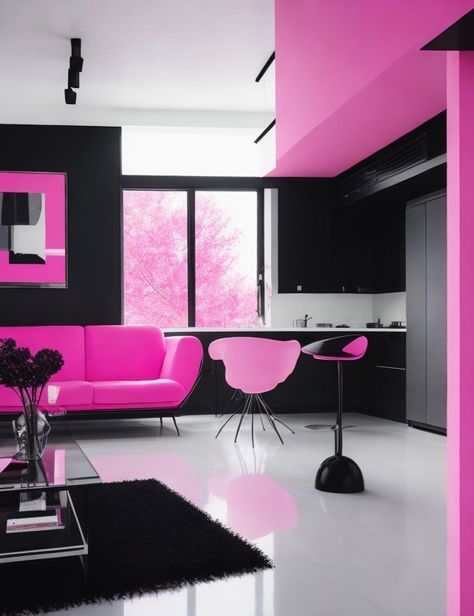 Pink And Black Interior, Luxury Modern House, Full House Remodel, Pink And Black Bathroom, Black Interior Door, Fun Interior, Indie Decor, Modern House Interior, Skin Images