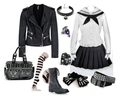 "Goth Sailor Fuku" by erevia ❤ liked on Polyvore featuring IRO, CO, Bodyline, G by Guess, Classique, Disney, studs, school uniform, goth and leather Pastel Kawaii Outfits, Gothic School, Sailor Fuku, Kawaii Outfits, School Uniform Outfits, Grey Skirt, Grunge Goth, Leather Moto Jacket