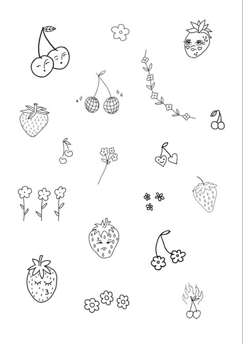 Cryptic Tattoos, Disco Strawberry, Flash Sheet Tattoo, Tattoo Designs Drawings, Dainty Tattoo, Tattoo 2024, Scrap Journal, Cherry Tattoos, Petit Tattoo