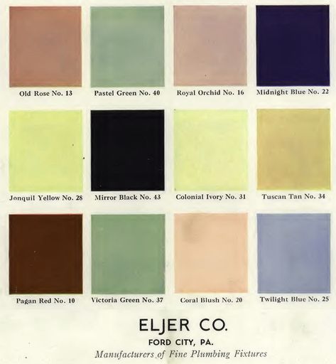 Eljer Vintage Color Chart Blue Vintage Bathroom, Vintage Blue Bathroom, Retro Bathroom Decor, Walk In Shower Designs, The Color Pink, Retro Bathrooms, Retro Renovation, Beige Bathroom, Green Flooring