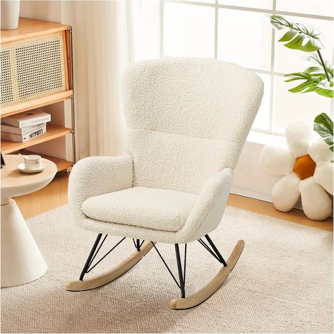 Kayan Small Rocking Chair Teddy Fabric Glider Chair, Comfy Upholstered Rocker Armchair with High Backrest, Comfy Side Chair for Bedroom Office Living Room (Ivory White) : Amazon.co.uk: Home & Kitchen Cozy Nook Bedroom, Chairs For Balcony, Small Rocking Chair, Small Rocking Chairs, Tufted Rocking Chair, Living Room Furniture Uk, Nook Bedroom, Upholstered Rocking Chair, Nursery Rocking Chair