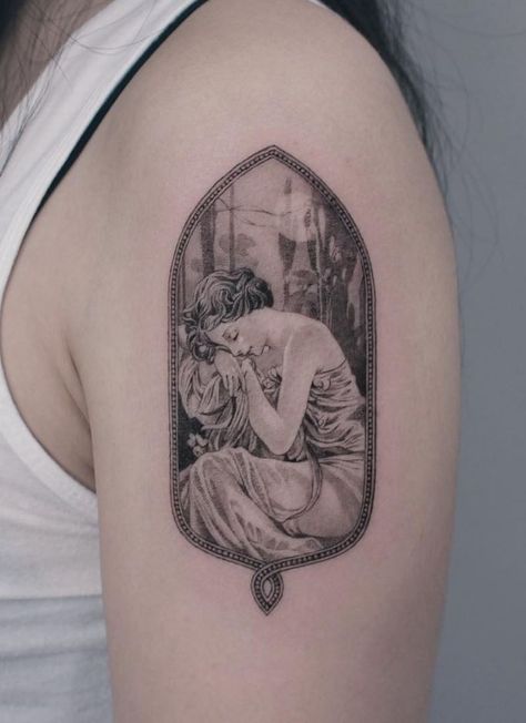 100+ Insanely Crazy Black & Gray Tattoos That Are Truly Inspiring - TheTatt Tattoos Based On Paintings, Dark Victorian Tattoo, Victorian Aesthetic Tattoo, Reinassance Tattoo Idea, Victorian Inspired Tattoo, Gray Scale Tattoos, Renesance Tattoo, Oil Painting Tattoo, Art Gallery Tattoo