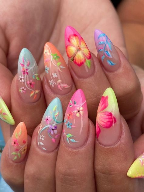 Multicolor  Collar    Color Nails Embellished   Beauty Tools Soya Mumu, Unghie Nail Art, Floral Nail Designs, Colorful Nails, Summery Nails, Nagel Inspo, Stick On Nails, Funky Nails, Floral Nails