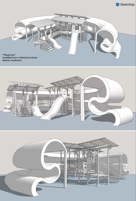 This playground structure was built in SketchUp, following their tutorial. Most of it is the turtorial design. I made some small alterations, like making the second slide taller and moving it to the front, and additions, one of which is an extruded protective wall. The serpentine wall needs perforations for water drainage, views and movement. #playground #architecture #SketchUp Architectural Playground Design, Train Concept Design, Playground Slide Design, Outdoor Playground Design Architecture, Indoor Playground Design Architecture, Sketchup Tutorial Architecture, Plaza Design Architecture, Small Park Design, Sketchup Model Architecture