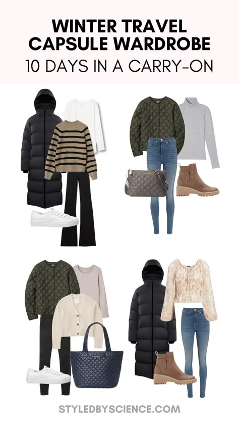 Fall & Winter Capsule Wardrobe: 10 Days of Travel Outfits in a Carry-On Suitcase ft. black puffer parka jacket, striped sweater, quilted puffer liner jacket, and lightweight tote/ahndbags. Cold Weather Travel Capsule Wardrobe, Carry On Wardrobe Fall, Winter Outfits Carry On, Carry On Outfits Winter, Nyc Winter Outfits Travel Capsule Wardrobe, How To Pack For 2 Weeks In Europe Winter, London Outfit Fall Packing Lists, 10 Day Travel Wardrobe Winter, 7 Day Travel Capsule Wardrobe Fall