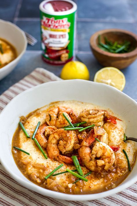 Creole BBQ Shrimp and Grits made with @tonychacheres More Spice Creole Seasoning is the perfect brunch of dinner idea! #ad Bbq Shrimp And Grits Recipe, New Orleans Bbq Shrimp And Grits, Bbq Shrimp And Grits, New Orleans Bbq Shrimp, Shrimp N Grits Recipe, Creamy Grits, Bbq Shrimp, Grits Recipe, Shrimp Grits