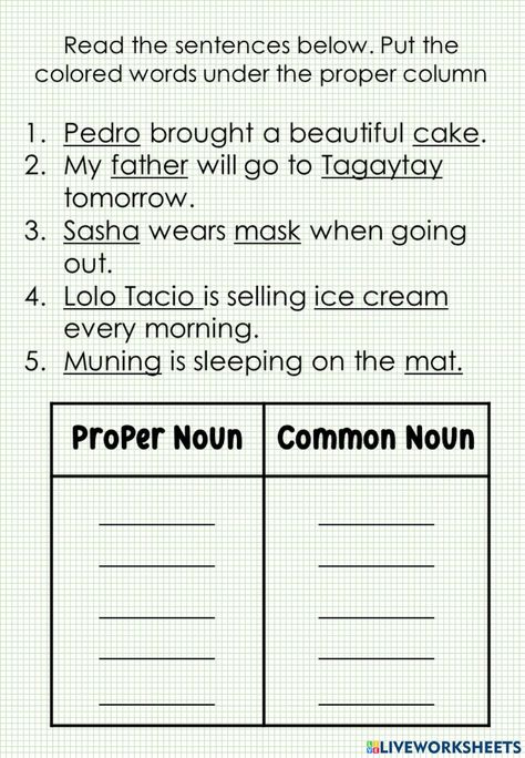 Common Nouns And Proper Nouns, Common Nouns Worksheet, Live Worksheet, Common Noun, Proper Nouns Worksheet, Singular And Plural Nouns, Object Pronouns, Common Nouns, Nouns Worksheet