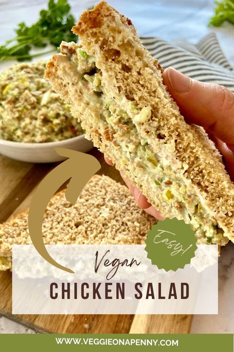 vegan chicken salad spread Vegan Chicken Salad Sandwich, Vegan Sandwich Spread, Chicken Sandwich Spread, Vegan Sandwich Filling, Salads For Picnics, Veggie Meat, Sandwich Spreads, Vegan Chicken Salad, Seitan Chicken