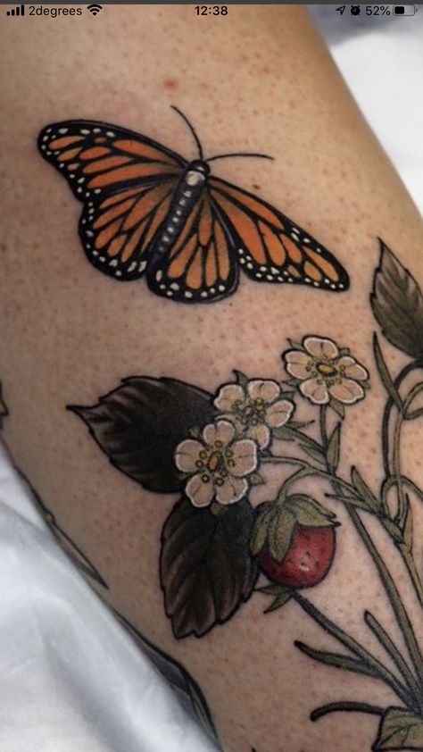 Butterfly And Strawberry Tattoo, Strawberry Butterfly Tattoo, Strawberry Butterfly, Strawberry Tattoo, Knee Tattoo, Piercing Tattoo, Monarch Butterfly, Pretty Tattoos, Butterfly Tattoo