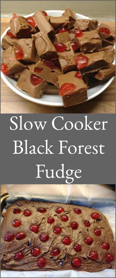 Slow cooker black forest fudge - a rich combination of cherry and chocolate! Crockpot Fudge, Easy Crockpot Candy, Cherry Fudge, Slow Cooker Fudge, Xmas Sweets, Cherry And Chocolate, Cooking Sweets, Dark Chocolate Recipes, Crockpot Candy