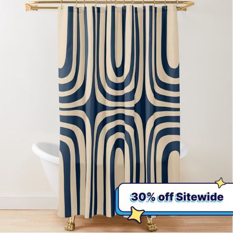 Extra-long decorative fabric shower curtains with 12 button holes. Comes ready to hang. Vivid, full-color printed on front and white on back. Fits most standard size tubs and showers. Midcentury Modern Confaab Abstract Pattern in Mid Mod Navy Blue and Beige. Retro vintage aesthetic. Minimal geometric design with a mid-century boho vibe. Dark blue and buff camel tones. By Kierkegaard Design Studio. Mid Century Modern Bathroom Small Shower Curtains, Mid Century Modern Bathroom Shower Curtain, Mcm Boho Bathroom, Mid Century Modern Shower Curtain, Midcentury Bathroom Design, Masculine Shower Curtain, Mid Century Modern Bathroom Small, Navy Bathroom Ideas, Best Shower Curtains