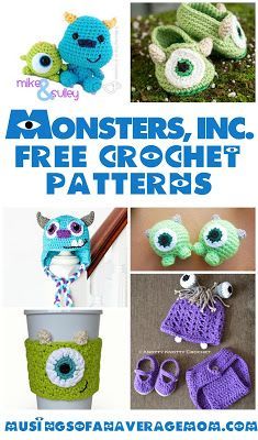 Free Monsters Inc. crochet patterns including cup cozies, beanies, tsum tsums,  baby booties and more! Monsters Inc Crochet, Minecraft Crochet Patterns, Minecraft Crochet, Minion Crochet Patterns, Crochet Monster, Pokemon Crochet Pattern, Disney Crochet Patterns, Minion Crochet, Cup Cozies