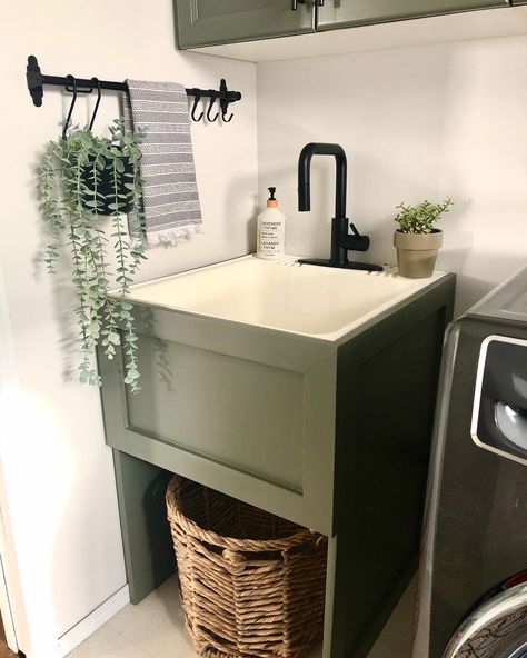 Follow @the.jennings.home instagram Wash Sink Laundry Room, Cover Utility Sink In Laundry Room, Small Sink In Laundry Room, Utility Sinks In Laundry Room Ideas, Laundry Sink Makeover, Fun Laundry Room Colors, Laundry Room With Utility Sink, Christmas Greenhouse, Landry Room