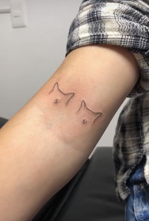 Pet Cat Inspired Tattoos, Pet Name Tattoo Ideas Cats, Twin Cat Tattoo, Personal Cat Tattoo, Pet Tattoo Ideas Cats, Pet Remembrance Tattoo Cat, Pet Cat Tattoo Ideas, Cat Pet Tattoo, Tattoo Ideas Cats