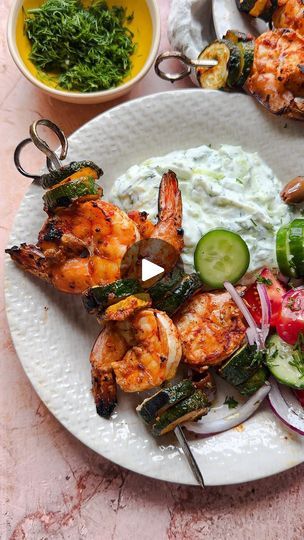 29K views · 203 reactions | You guys, these shrimp and zucchini skewers (you can use any veg here you like) with this lemony, dilly/wanna be tzatziki sauce is honestly what summer night dreams are made of! I roughly estimated the ingredients  because it’s all very customizable! You must give these a try, you won’t regret it! | Laura in the Kitchen | Carlos Campos · Param-Pam-Pam Zucchini Skewers, Shrimp And Zucchini, Laura Vitale, Tzatziki Sauce, Summer Night, Skewers, Summer Nights, Zucchini, You Must