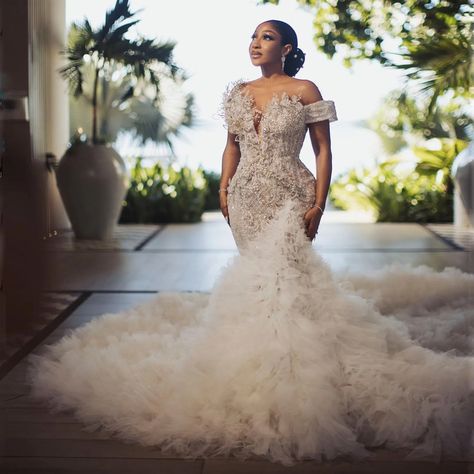 Mermaid African Wedding Dress High Neck Illusion Beads Pearls Long Sleeves Tiered Ruffles Bridal Extravagant Wedding Dresses, African Bridal Dress, Glam Wedding Dress, Tulle Train, Beaded Mermaid, High Neck Wedding Dress, Extravagant Wedding, Classy Wedding Dress, Stylish Wedding Dresses