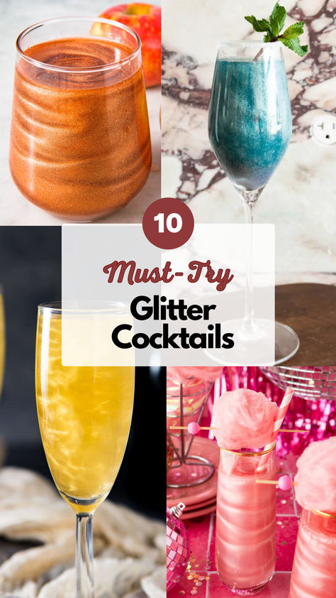 Glitter Cocktails Bougie Alcohol Drinks, Sparkly Cocktail Drink, Drinks With Luster Dust, Sparkly Food Ideas, Sparkly Non Alcoholic Drinks, Cocktails With Gold Flakes, Glittery Alcoholic Drinks, Halloween Glitter Cocktails, Cosmo Recipe Cocktails