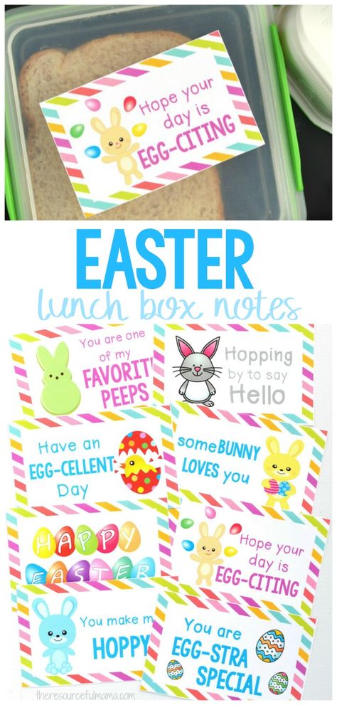 Easter Lunch Box Notes - The Resourceful Mama Easter Religious Crafts, Kids Lunch Box Notes, Kindergarten Lunch, Springtime Crafts, Printable Lunch Box Notes, Easter Lunch, Lunch Notes, Easter Goodies, Lunch Box Notes