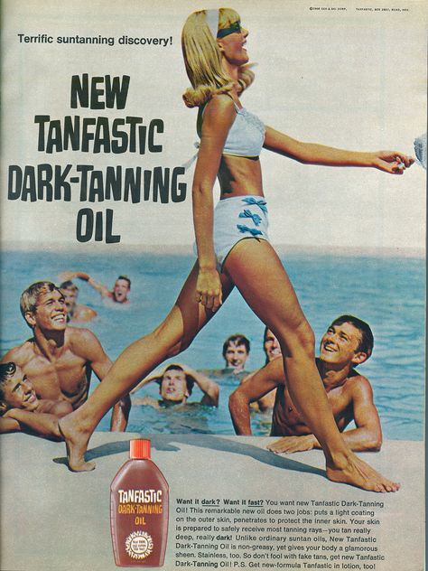 All sizes | Tanfastic - 1966 | Flickr - Photo Sharing!  We used baby oil plus iodine for the tan  lemon juice for the hair - dark tan and straw hair Vintage Tv Ads, Beauty Pics, Retro Beauty, Beauty Ad, Movie Theaters, Old Advertisements, Retro Advertising, Vintage Cosmetics, Tanning Oil