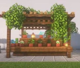 Flower stall, small greenhouse, pergola with greenery growing through roof Pergola With Greenery, Minecraft Greenhouse, Garden Minecraft, Flower Stall, Easy Minecraft Houses, Minecraft Inspo, Small Greenhouse, Minecraft Blueprints, Minecraft Designs