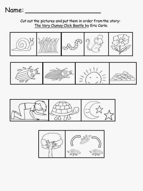 Free: Eric Carle's The Very Clumsy Click Beetle Sequencing Sheet.  For Educational Purposes Only...Not For Profit.  Have your students sequence the story with these hand drawn pictures.  For A Teacher From A Teacher! Enjoy! Regina Davis aka Queen Chaos at Fairy Tales And Fiction By 2. Firefly Printable, Minibeasts Eyfs, Eric Carle Books, Click Beetle, Preschool Language Arts, Eric Carle Activities, Retelling Activities, Insects Preschool, Bugs Preschool