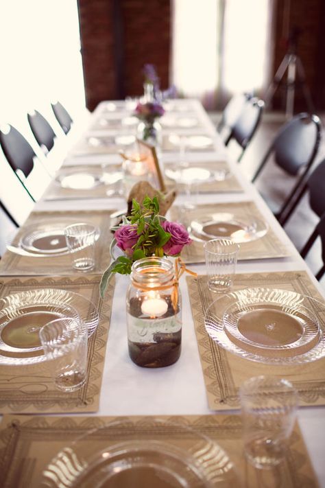 table setting with clear plates and paper placemats. Plates Wedding Table, Fancy Plastic Plates, Valentines Tea, Plastic Plates Wedding, Clear Plastic Plates, Plates Wedding, Tie The Knot Wedding, Clear Plates, Golden Garden