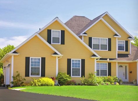 Bright yellow Home Improvement Loans, Yellow House, Architecture Model Making, Yellow Houses, House Siding, First Time Home Buyers, Vinyl Siding, Home Improvement Projects, Exterior Paint