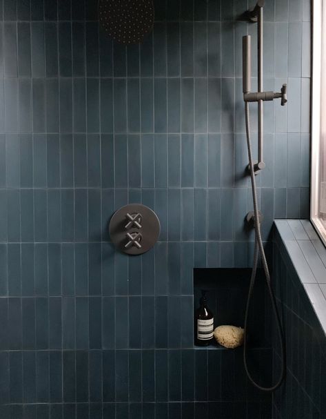 Home renovation with a bathroom addition showcasing Zia Tile's blue concrete tiles and gun metal plumbing fixtures.  Holman House - Portland Architect — WORKADAY DESIGN Blue Shower Tile, Cement Bathroom, Zia Tile, Shower Remodel Diy, Small Shower Remodel, Tile Trends, Bathroom Shower Tile, Shower Tile Designs, Kids Bath