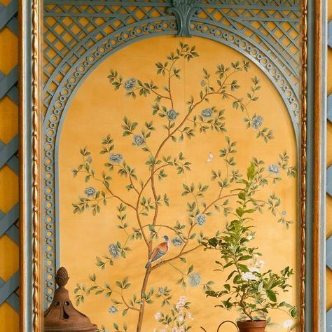 de Gournay | The rich ochre colourway of our airy chinoiserie ’Nordic Garden’ transported viewers to an enchanting garden at last year’s Antique... | Instagram Nordic Garden, Exterior House Doors, Chinoiserie Room, Birmingham Botanical Gardens, De Gournay Wallpaper, Enchanting Garden, Gold China, Antique Painting, Garden Floor