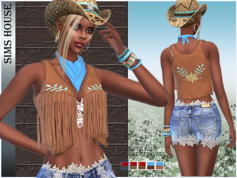 The Sims Resource - WOMEN'S WAISTCOAT WITH FRINGE AND NECKSHIELD Sims 4 Cc Fringe Dress, Cowboy Sims 4 Cc Clothes, Sims 4 Western Cc Clothes, Sims 4 Cc Country Clothes, Sims 4 Country Cc, Women's Waistcoat, Tassel Jacket, Womens Waistcoat, Tropical Swimsuits