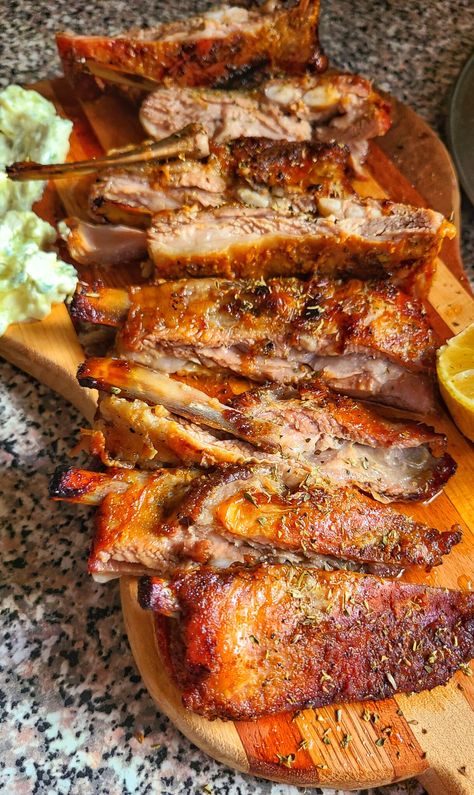 Greek Lamb Dishes, Lamb Ribs Recipe, Greek Lamb Recipes, Roasted Lamb Chops, Lamb Shoulder Roast, Lamb Gyros, Homemade Tzatziki Sauce, Lamb Chop Recipes, Lamb Chop