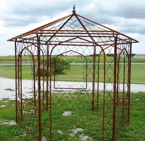 Gazebo Inspiration, Wrought Iron Gazebo, Metal Frame Gazebo, Flower Arbor, Iron Gazebo, Pergola Plans Roofs, Arbor Garden, Iron Pergola, Metal Gazebo