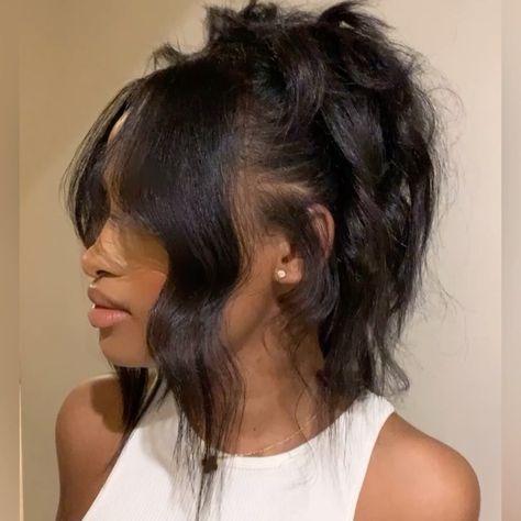 Short Sewin Hairstyles For Black Women, Up Down Hairstyles For Black Women, Natural Hair Styles Ideas, Flat Ironed Hair Black Hairstyles Short, Pin Curl Bun, Flat Ironed Hair Black Hairstyles, Hairstyles For Short Straight Hair Black, Flat Ironed Hair, Black Hairstyles Short