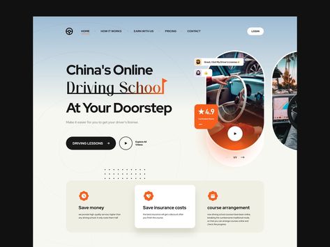 Design of driving school landing page by Jeehom on Dribbble School Landing Page, Jay Hong, Screen Cards, School Website, Online Lessons, Driving School, Landing Page Design, Page Design, School Design