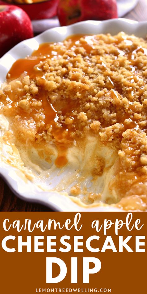 This Baked Caramel Apple Cheesecake Dip is ooey, gooey, and perfect for fall! Enjoy it with graham crackers, vanilla wafers, or any of your favorite dippers. Sure to be a new family favorite! Baked Apple Pie Dip, Cheesecake Caramel Dip, Caramel Cheesecake Apple Dip, Apple Pie Cheesecake Dip, Baked Caramel Apple Cheesecake Dip, Fall Dips And Spreads, Caramel Apple Cheesecake Dip Recipe, Easy Fall Dessert Dips, Fall Party Dessert Ideas