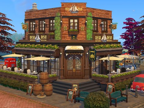 here is a british style restaurant for your Sims Found in TSR Category 'Sims 4 Community Lots' Sims 4 Restaurant Ideas Layout, Sims 4 Community Lots No Cc, Sims 4 Restaurant No Cc, Restaurant Tycoon 2 Designs, Sims 4 Lots, Cottage Restaurant, Restaurant Building, Sims 4 Restaurant, Sims 4 Cottage