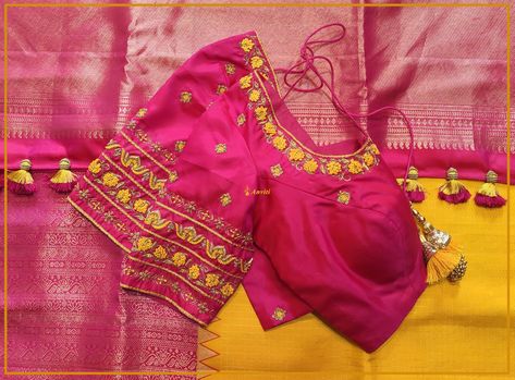 Yellow Saree Pink Blouse Maggam Work Designs, Pink Blouse Thread Work Designs, Embroidery On Silk, Change Art, Blouse Maggam Work, Zardosi Embroidery, Maggam Work Designs, Silk Thread Bangles, Yellow Design