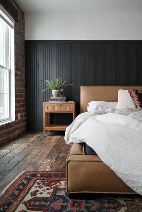 💐@brianaa0122💐 Bedroom Wanes Coating, Wainscotting Master Bed, Primary Bedroom Wall Paneling, Black Plank Wall Bedroom, Modern Primary Bedroom Design, Primary Bedroom Black Bed, Modern Rustic Bedroom Design, Masterbed Ideas Modern, Paint Color For Low Light Bedroom