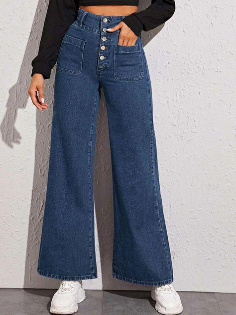 High-Rise Baggy Jeans | SHEIN USA Blue Jeans Wide Leg, How To Style Baggy Jeans, Blue Wide Leg Jeans, High Waisted Jeans Outfit, Jeans Outfit Women, Outfit Jeans, Easy Trendy Outfits, Navy Jeans, Button Fly Jeans