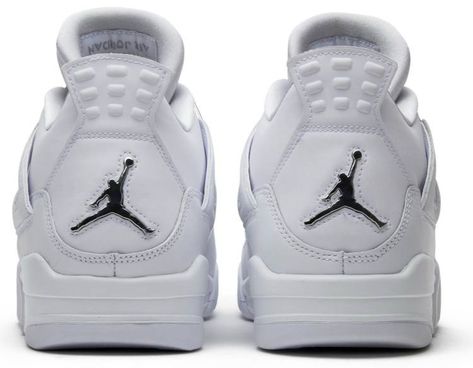 Released in May of 2017 . the Air Jordan 4 Retro ‘Pure Money’ 2017 features a white leather upper with a white rubber sole. First introduced back in 2006 . this 2017 version of the colorway also features chrome eyelets . a chrome Jumpman on the heel . and ‘Pure$’ on the inside of the back tabs. Jordan 4 Retro Pure Money, Jordan 4 Pure Money, Jordan 4s, Back In 2006, Air Shoes, Popular Sneakers, Sneakers Vans, Jumpman Logo, Nike Air Shoes