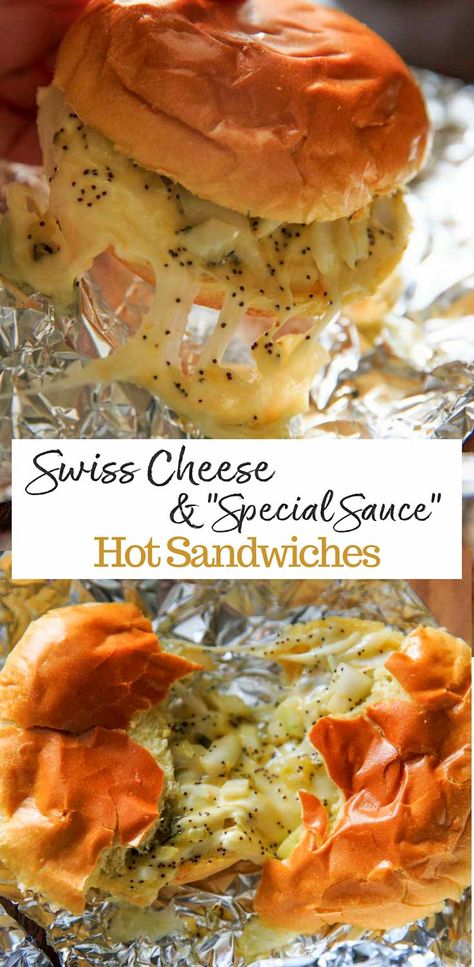 Oven-Baked, Foil-wrapped, Ham-less Swiss Cheese Hot Slider Sandwiches! An easy vegetarian alternative for simple party food. The poppyseed, butter and onion sauce is the key! Great for tailgating parties or other gatherings.  via @trialandeater Pescatarian Tailgate Food, Hot Vegetarian Sandwiches, Hot Ham And Cheese Sandwiches Baked In Foil, Baked Sandwiches Oven, Foil Sandwiches, Vegetarian Tailgate Food, Hot Sliders, Party Food Main Dish, Sliders Vegetarian