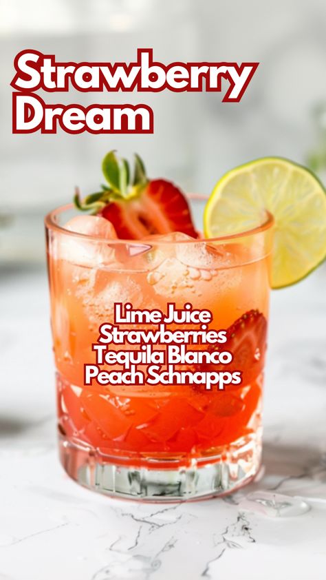 Enjoy the fresh and tangy flavors of the Strawberry Dream cocktail. Fresh strawberries muddled with lime juice blend perfectly with Tequila Blanco and Peach Schnapps, creating a refreshing drink. It’s a great choice for a summer evening or any time you want a fruity twist. #strawberrydream via @mybartender Summer Fruity Alcoholic Drinks, Fruit Cocktail Drinks Recipes, Signature Cocktail Recipes, Drinks With Strawberry Vodka, Summer Themed Drinks, Strawberry Cocktails Recipes, Fruity Summer Drinks Alcohol, Best Summer Drinks Alcohol, Fruity Tequila Drinks