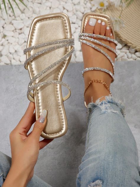 Rhinestone Slippers, 2024 Gold, Gold Slippers, Women Flat Sandals, Fashion Shoes Sandals, Beach Slippers, Gold Collar, Breathable Shoes, Only Shoes