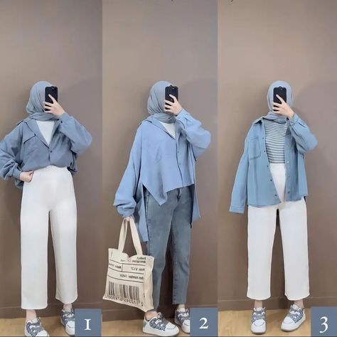 Ootd Warna Denim, Outfit Biru Putih, Denim Outfit Hijab, Kuliah Outfit, Ootd Formal, Blue Denim Outfits, Peta Pikiran, Ootd Pose, Kemeja Denim