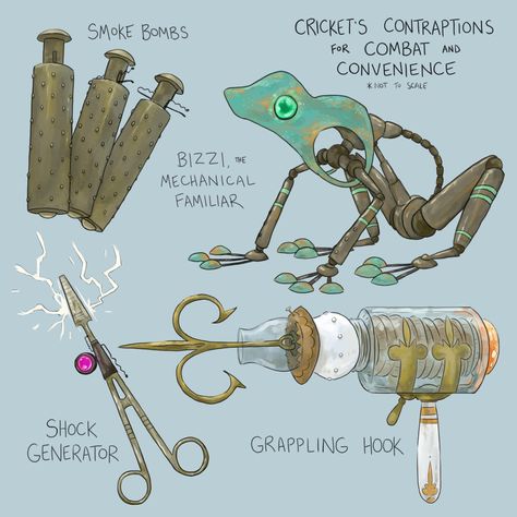 Clutter Art Drawing, Tech Magic, Fantasy Items Concept, Steampunk Artificer, Artificer Items Dnd, Fantasy Inventions, Dnd Artificer Items, Futuristic Dnd Items, Fantasy Technology Concept Art