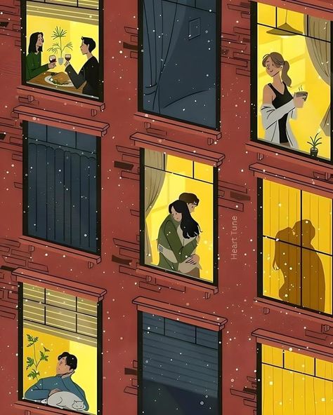 Apartment Building Illustration, I Look In Peoples Windows, Windows Illustration, Window Drawings, Different Kinds Of Love, Window Illustration, Window Drawing, Night Sky Painting, Vintage Illustration Art